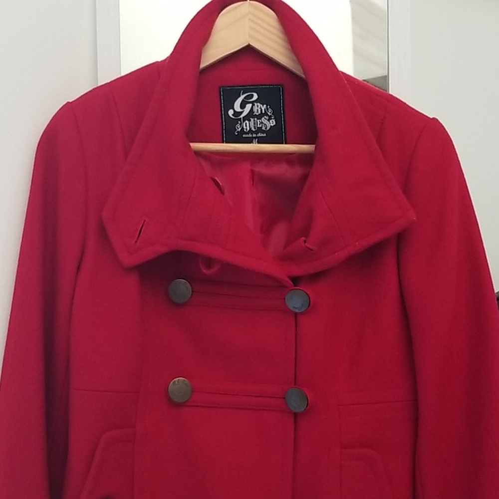 Military cut Red wool pea coat jacket